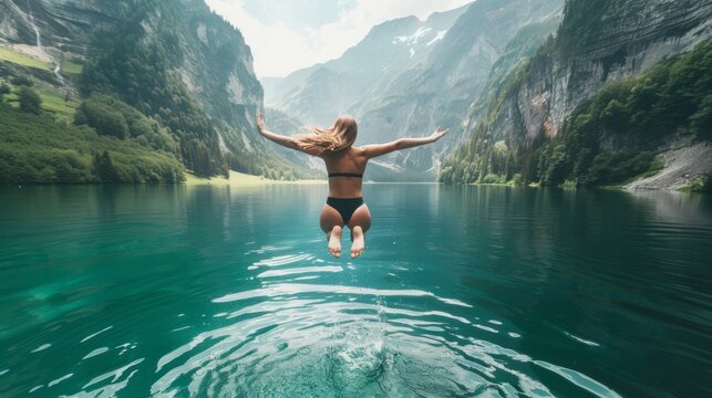 Woman Jumping into Mountain Lake - Powered by Adobe