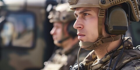 Close-up of a concentrated young soldier in military uniform, wearing a helmet and communication headset