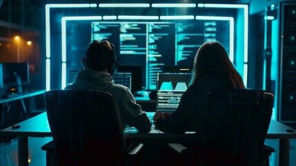 In the dark of a dark room, a female and male hacker team organize an advanced virus attack against corporate servers. The hackers work together.