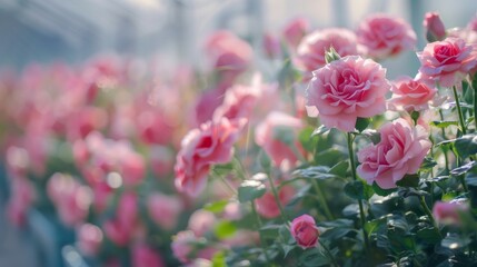 Fototapeta premium In a sunny industrial greenhouse, rows of beautiful flowers and plants are grown in large quantities.