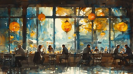 Charming Coffee Shop Oasis: Watercolor Illustration of Cozy Interior with Soft Lighting and Engaging Conversations