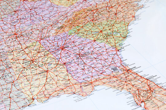 Atlanta, United States - May 20, 2024: Detailed Georgia road map. Closeup macro view of State of Georgia map