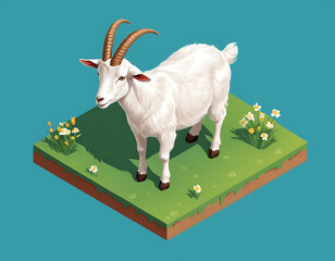 A 3D rendering of a white goat with long horns standing against a green background