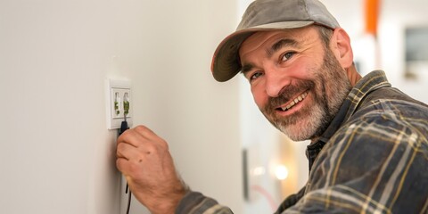 A professional electrician busy with wall socket installation or repair, hands are focused