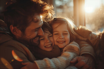 A dad and kids sharing a special moment of laughter and joy in the evening