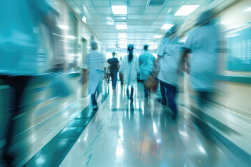 Doctors and medical staff walk down in hospital, Busy corridor in medical clinic with motion blur effect
