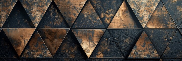 Textured background of shabby metal wall with geometric panels in shape of triangle. High quality photo