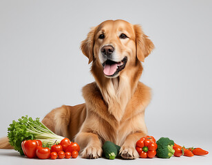 A happy Golden Retriever dog poses beside a colorful assortment of fresh vegetables, including tomatoes, cucumbers, and bell peppers, on a clean gray background