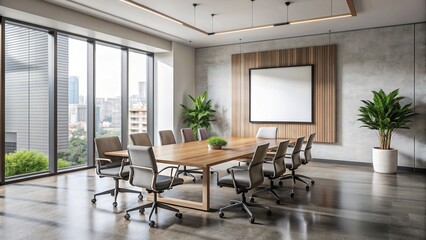 A refined conference room with a blank frame adding to the minimalist decor, presenting a clean and professional ambiance