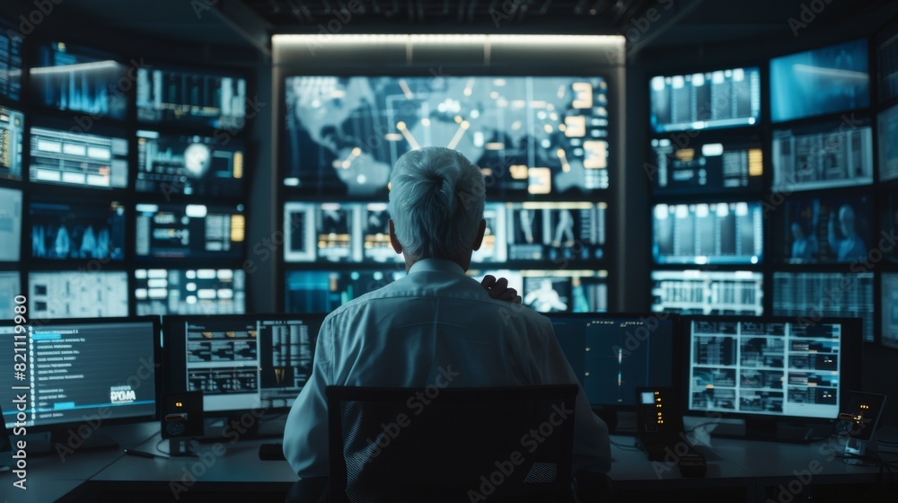 Poster supervisors supervise operators' work in a system monitoring room surrounded by monitors that displa