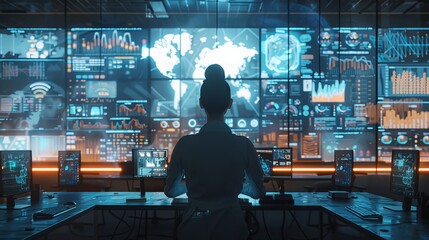 Observing the efficiency of the facility in an interactive map room, a female operator observes the correct functioning of the facility. In the background, people work on the interactive map.