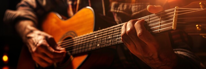 The strings of an acoustic guitar are deftly strummed, showcasing the close-up of a musician's skilled hands in a warm, illuminated setting