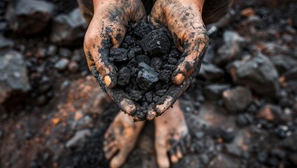 Fototapeta premium Coal Miner Holding a Piece of Coal