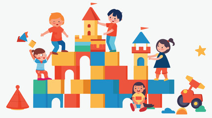 Children playing building castle from toy blocks together