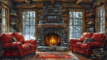 Cozy Cabin Retreat with Battery-Operated Espresso Warmers, Rustic Decor, and Fireplace - Watercolor Illustration of Warm and Inviting Atmosphere