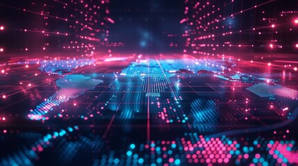 Stunning visual of glowing blue and pink lights forming a digital landscape.