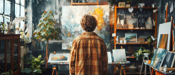 Obraz premium A moment of reflection An artist in a cluttered studio