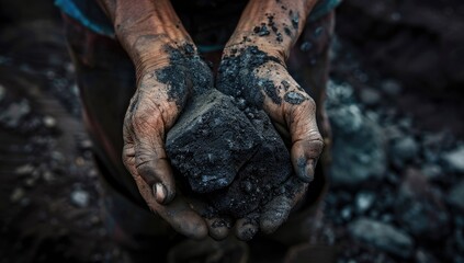 Fototapeta premium Dirty Hand Holding Raw Coal