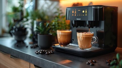 Futuristic Espresso Warmers in Stylish Modern Kitchen with High-Tech Features | Digital Art of Contemporary Coffee Technology
