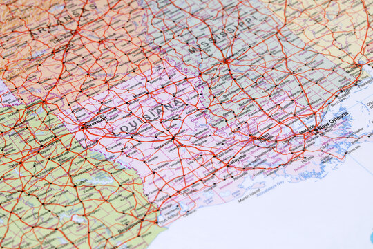 New Orleans, United States - May 20, 2024: Detailed Louisiana road map. Closeup macro view of State of Louisiana map