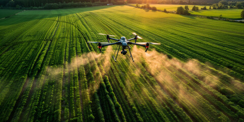 Modern technologies agriculture.  industrial drone flies over green field sprays useful pesticides