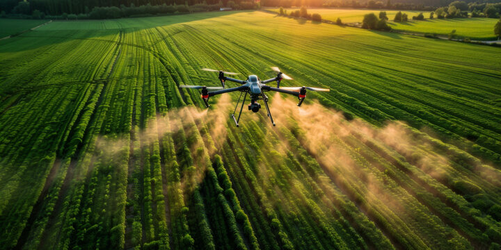 Modern technologies agriculture.  industrial drone flies over green field sprays useful pesticides