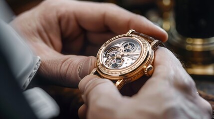 A man is seen holding a shiny gold watch in his hand, inspecting it closely.