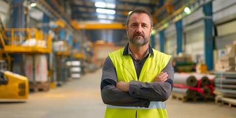 A seasoned warehouse manager in a reflective vest poses with confidence at a logistic center