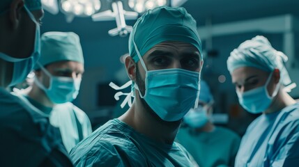 In the background, modern hospital operating room with a portrait of the professional surgeon removing his surgical mask following a successful operation.