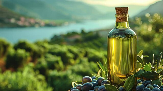 Parallax effect extra virgin olive oil grove. Transparent bottle, olives branch. Gourmet ingredient Mediterranean cuisine. Vegetarian, organic food. High quality 4K footage