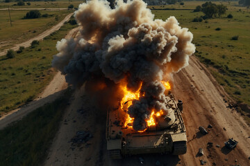 Explosion of a tank on the battlefield, aerial view