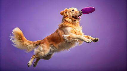 Golden retriever catching a frisbee mid-air on a violet background, clear close-up