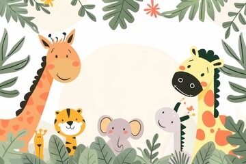 Adorable Safari Animals Cartoon Illustration for Children's Decor