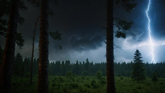view of dark clouds with lightning striking in the forest