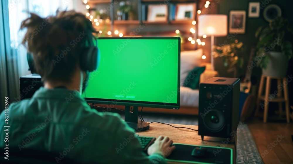 Poster view of a freelancer working on a green mockup screen on a computer at home. close-up of the pov scr