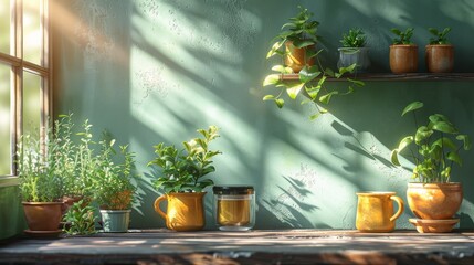 Serene Tea Time: Beautiful Mug Warmers in a Natural Light-Filled Kitchen with Lush Plants and Fresh Aesthetics
