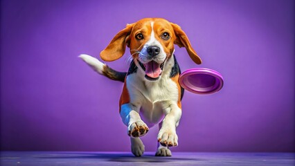 Beagle running with a frisbee on a clear violet background, close-up