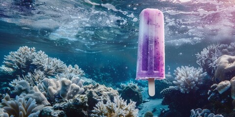 Delicious and refreshing white-purple ice cream under the surface of the water, surrounded by corals and sea plants.