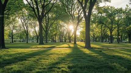 Obraz premium Golden Glow: Sunlight Peeking Through Verdant Canopy at Park