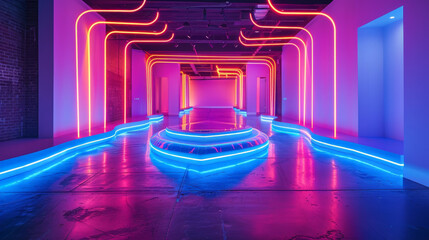 Artistic interior design with pink neon lights casting a glow on a carpeted hallway