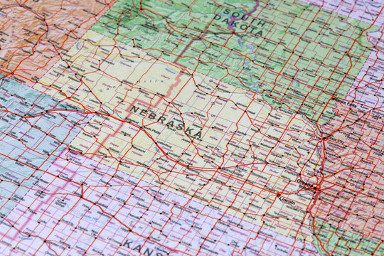 Lincoln, United States - May 20, 2024: Detailed Nebraska road map. Closeup macro view of State of Nebraska map