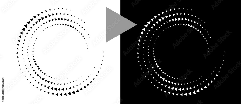Fototapete Spiral dotted background with triangles. Design element or icon. Black shape on a white background and the same white shape on the black side.