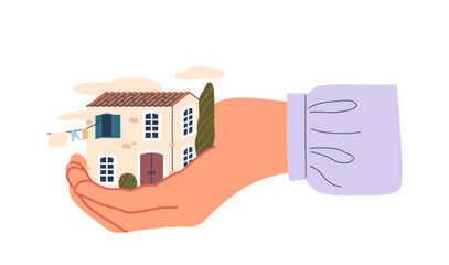 Hand Gently Holding A Small, Detailed House. Vector Concept Of Care And Nostalgia. Themes Of Home Protection, Memory