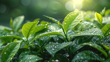 Glistening Dewdrops on Fresh Tea Leaves - Macro Photography Close-up