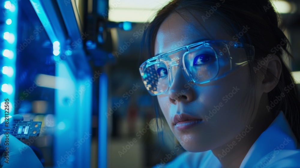 Poster the asian engineer talks with the female supervisor in a high tech factory as he uses the computer t