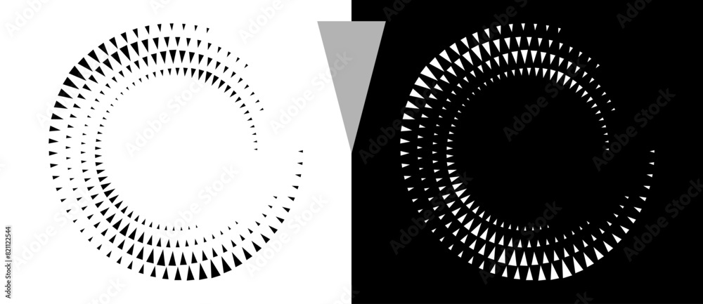 Fototapete Spiral dotted background with triangles. Design element or icon. Black shape on a white background and the same white shape on the black side.