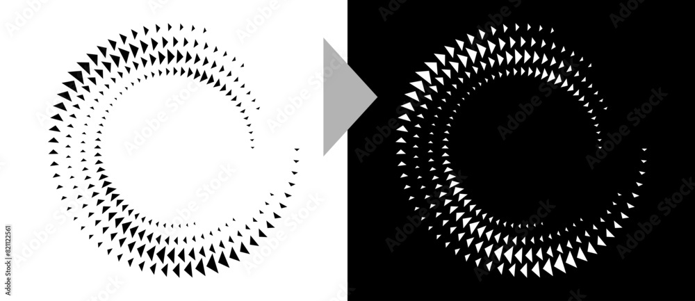 Fototapete Spiral dotted background with triangles. Design element or icon. Black shape on a white background and the same white shape on the black side.