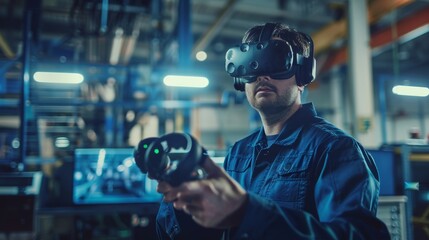 Portrait of an industrial engineer wearing a virtual reality headset and using controllers, ready for work. In the background are manufacturing plants and monitors.