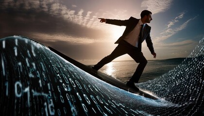 Businessman surfing the digital wave of binary numbers, a silhouette symbolizing navigating the digital world