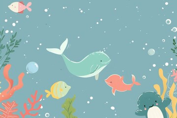 Whimsical Underwater Scene with Playful Whales and Tropical Fish